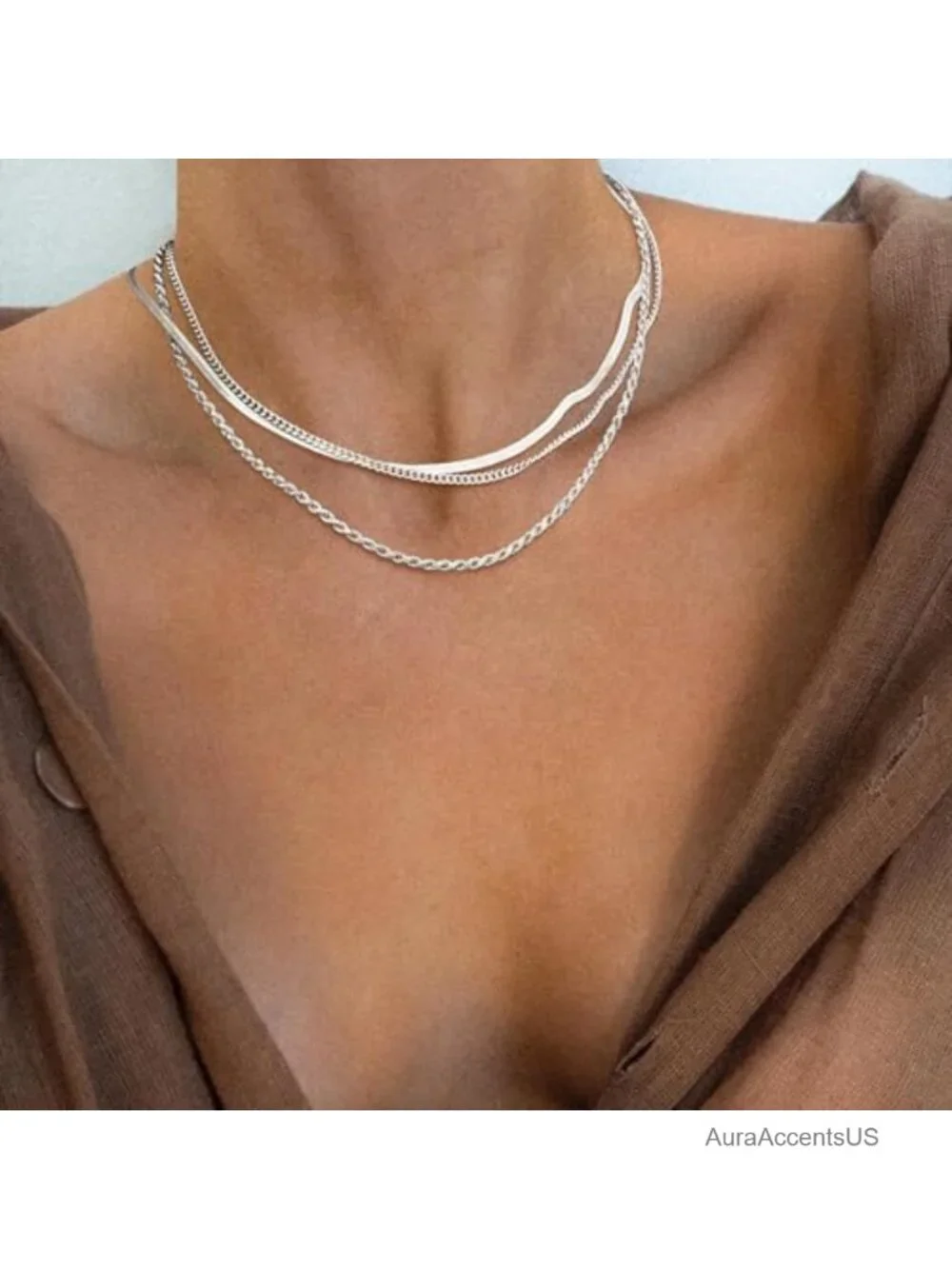 Layered Herringbone Chain Necklace Set Sterling Silver Plated Women Stackable